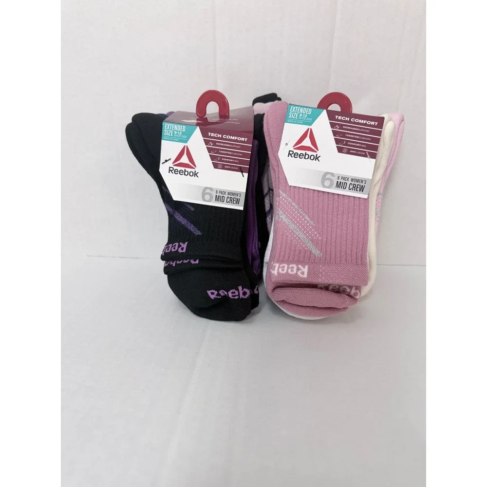 Reebok Womens Tech Comfort Mid Crew Socks 12 Pack Extended Size 9-12 Black Pink